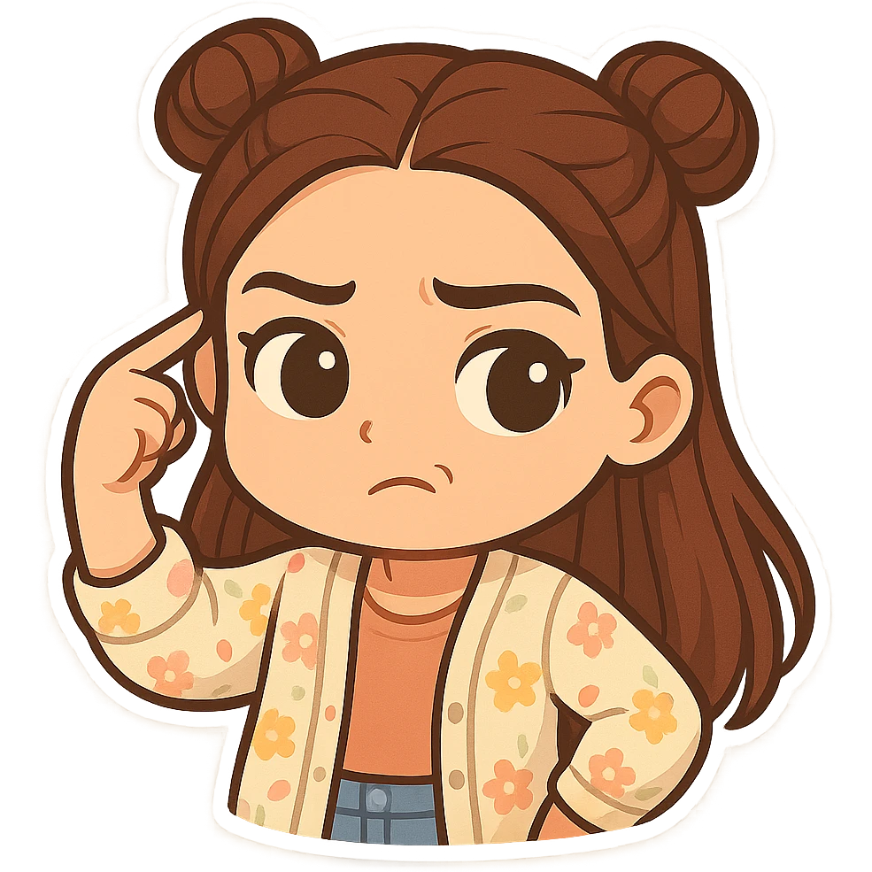 Create a chibi sticker of the girl from the reference image. She is twirling her finger at her temple with a sarcastic, skeptical face (not angry). She has brown straight hair styled in double buns, brown eyes, wearing a pastel floral cardigan and jeans. The sticker should have a white outline and a transparent background, sized 512x512px. emoji