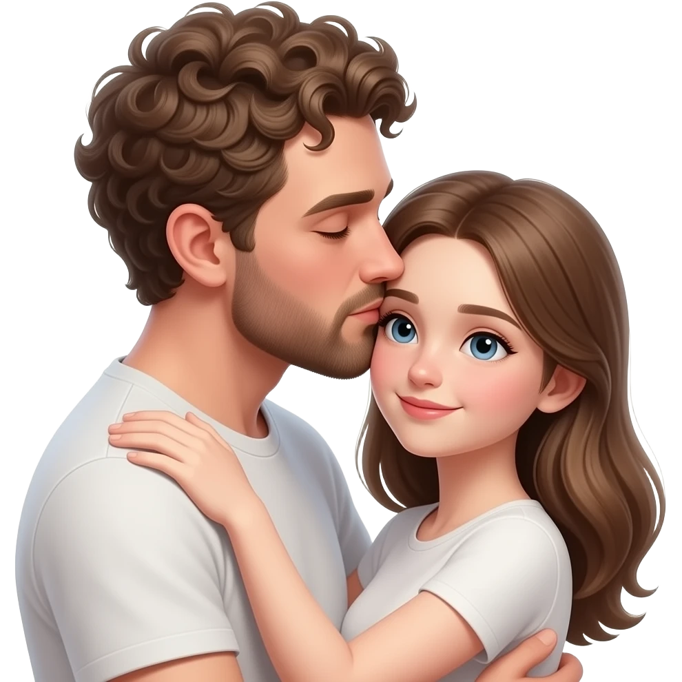 Realistic white man super short curly brown hair with beard kissing passionately and hugging realistic white girl brown hair HD emoji