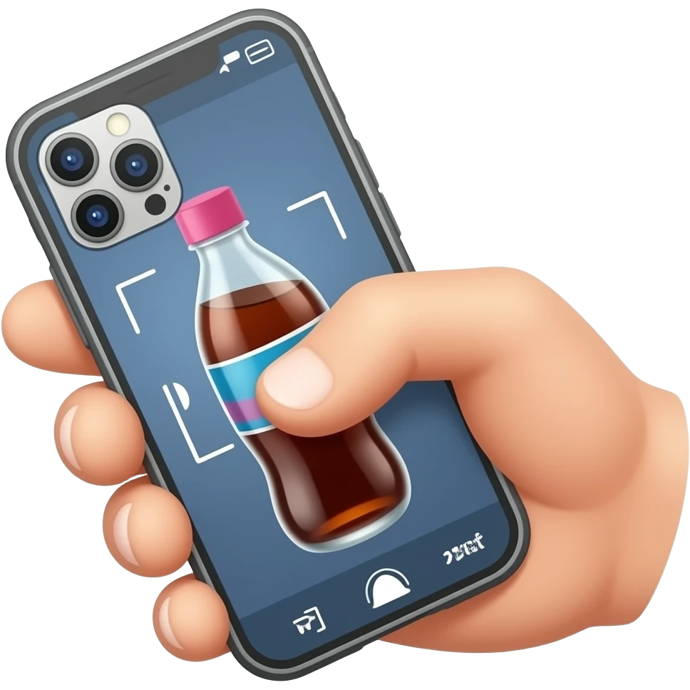 hand gripping a smartphone, phone camera pointed at a soda bottle , scanning action, no text emoji