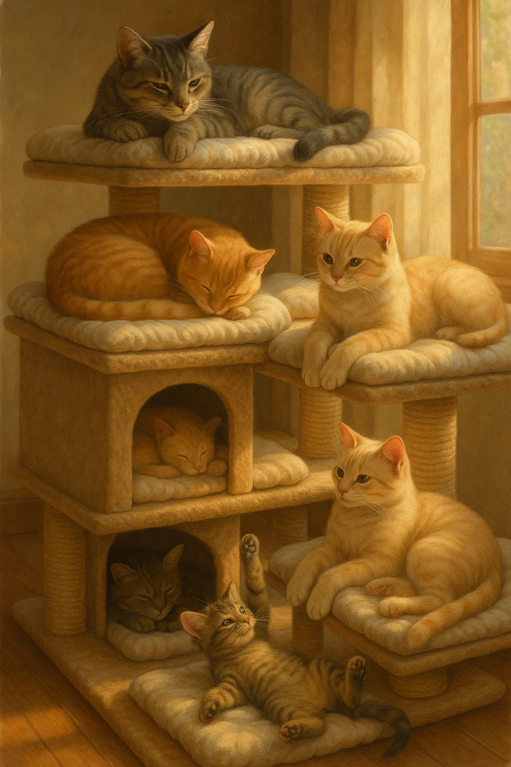 cats relaxing in a vertical playhouse emoji