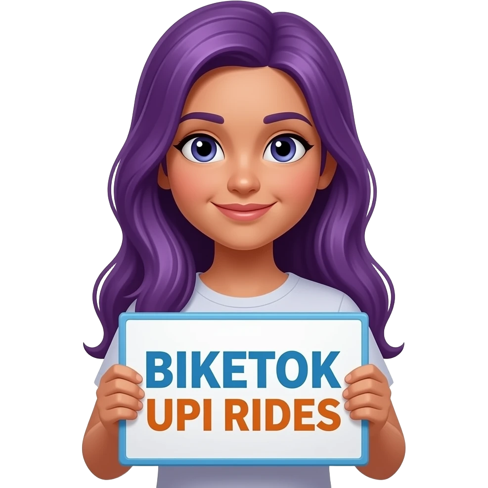 girl with long purple hair with a BIKETOK UPI RIDES sign emoji