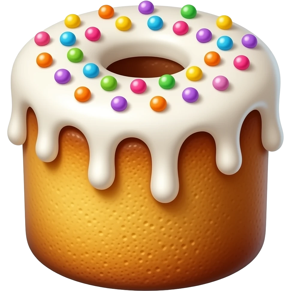 Создай кулич в стиле эмоджи iPhone — это цилиндрообразная, слегка выпуклая форма с мягкой, золотистой, темно коричневойкорочкой, будто только что из печи. Верхушка украшена белоснежной глазурью, которая стекает по бокам капельками. В центре — разноцветная посыпка: крошечные сахарные шарики. emoji