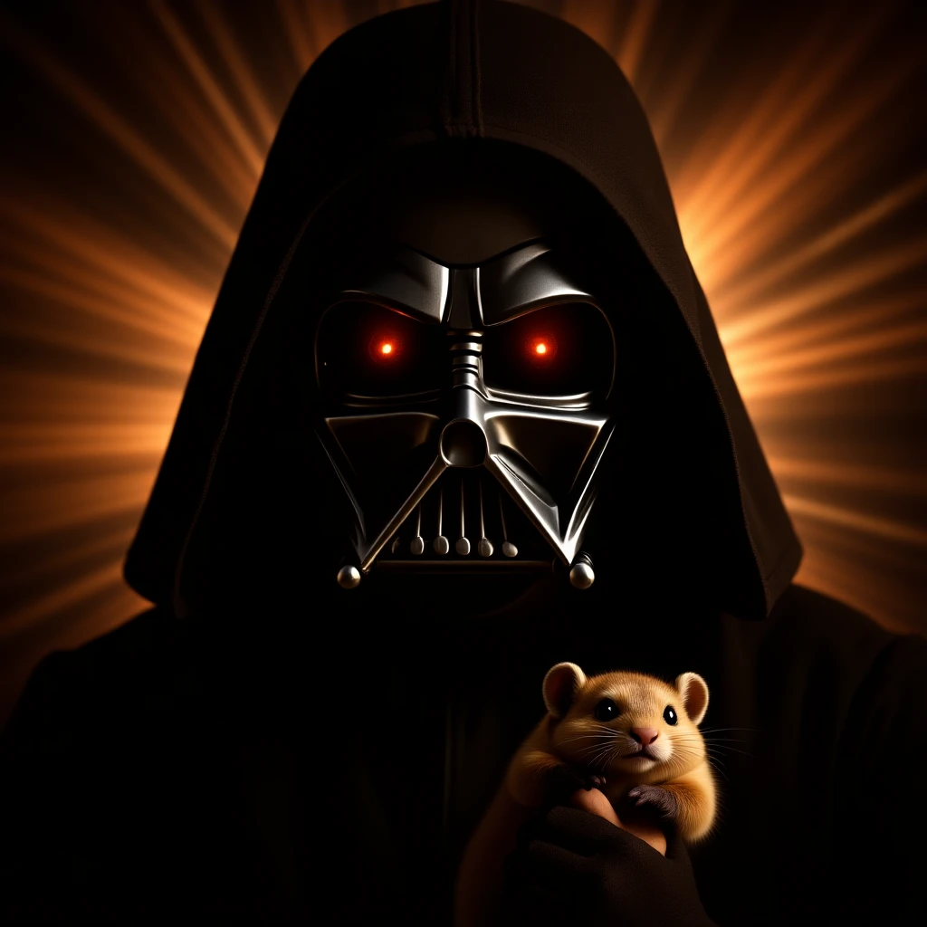 Cinematic still, Extreme Closeup Photo of a darth vader holding big hamster, low key light, explosion startship background with leading lines, back light, spot light emoji