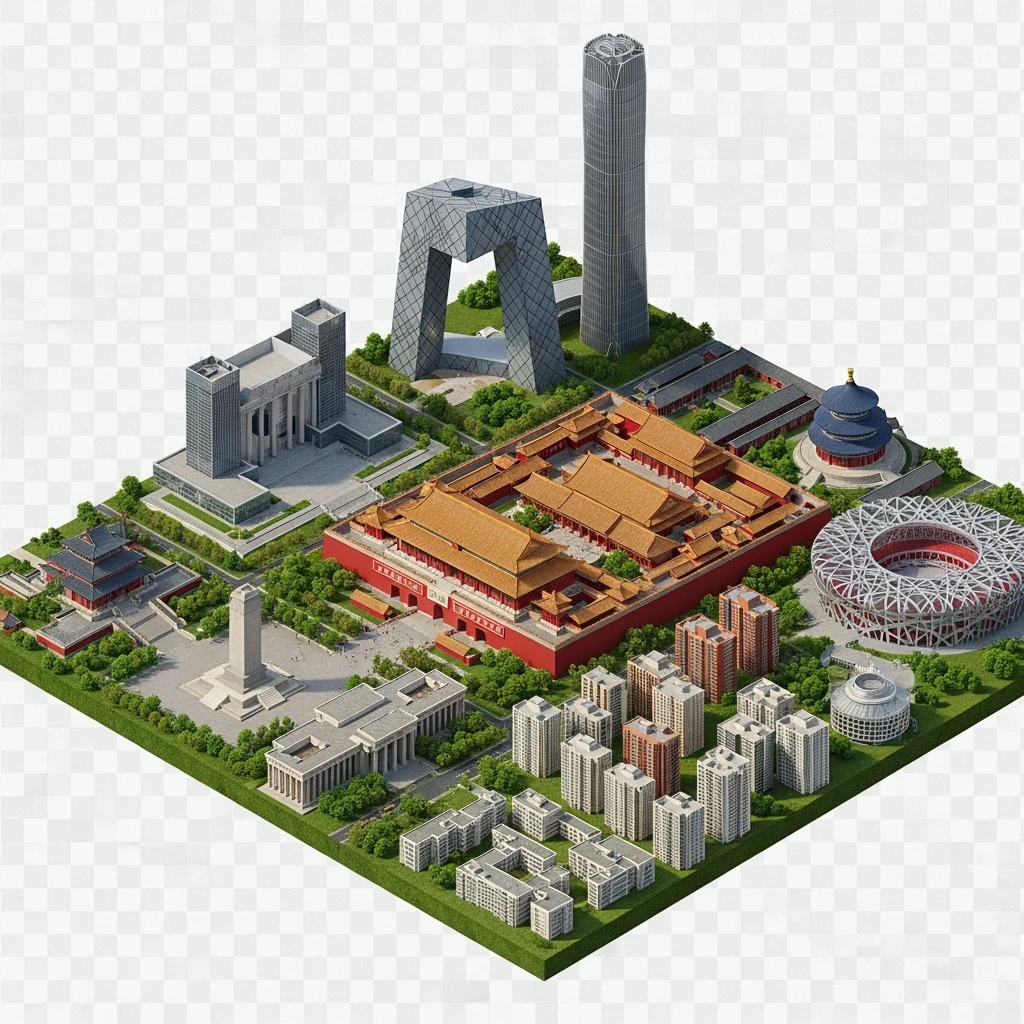 Isometric miniature of Beijing Forbidden City, Tiananmen Square, CCTV Headquarters, Temple of Heaven, China Zun skyscraper, Bird’s Nest Stadium, Beijing apartment blocks, 3D miniature effect and Tilt Shift effect, no cartoonish look, transparent background, don't cut angles emoji