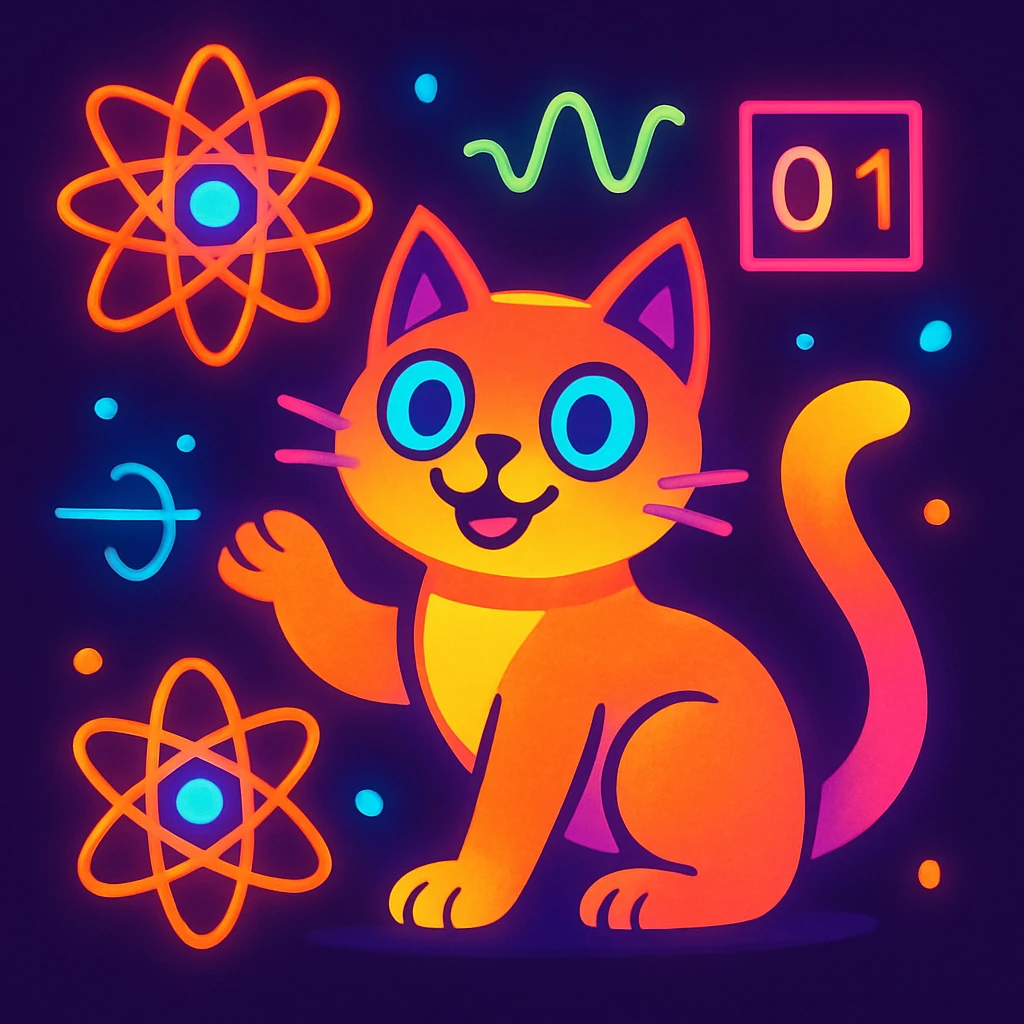 vibrant, playful quantum cat glowing, surrounded by quantum symbols emoji