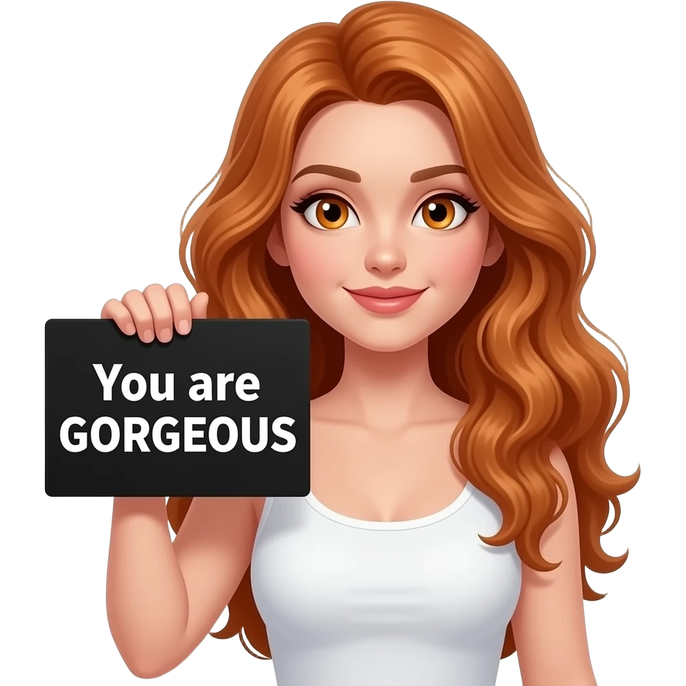 sexy girl with long wavy ginger hair and ginger eyes wearing a white tanktop is holding a black colored sign with You are GORGEOUS written on it emoji