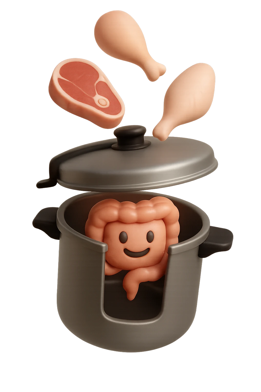 emoji stile iphone in 3d di una pentola a pressione dentro cui cadono agnello, pollo, tacchino crudi e un intestino umano felice da cuocere, iperrealistico 4k emoji