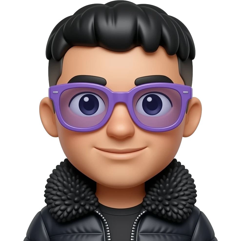 Apple Memoji of a young Latino man, flat black bowl cut hair, straight fringe covering forehead, oversized sporty purple visor glasses, black fur collar jacket, 3D high quality. emoji