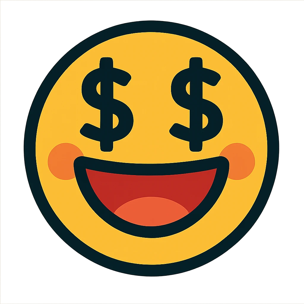 very happy face with dollar signs for eyes emoji