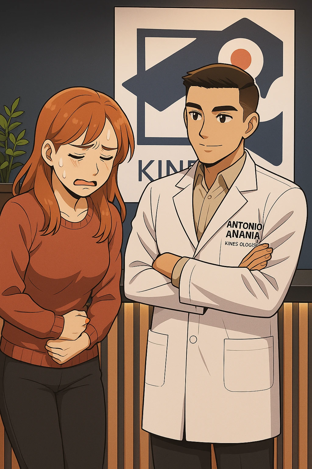su questo stile fai un manga/webtoon a colori in cui una donna che parla esasperata dal suo problema, l'uomo della foto in stile manga gli risponde, mantieni un ambiente simile alla foto che ho allegato con il suo logo (sarebbe il suo studio, lui è un kinesiologo), scrivigli "ANTONIO ANANIA" sul camice bianco, non mettere fumetti, ma fai in modo che sembri che la donna chiede una cosa e l'uomo risponde alla sua domanda emoji