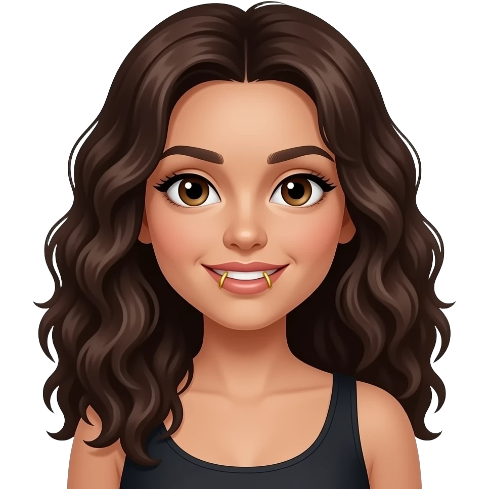 With a gold grillz, Light brown eyes, dark brown long hair, mixed black and white female, longer wavy curly hair emoji