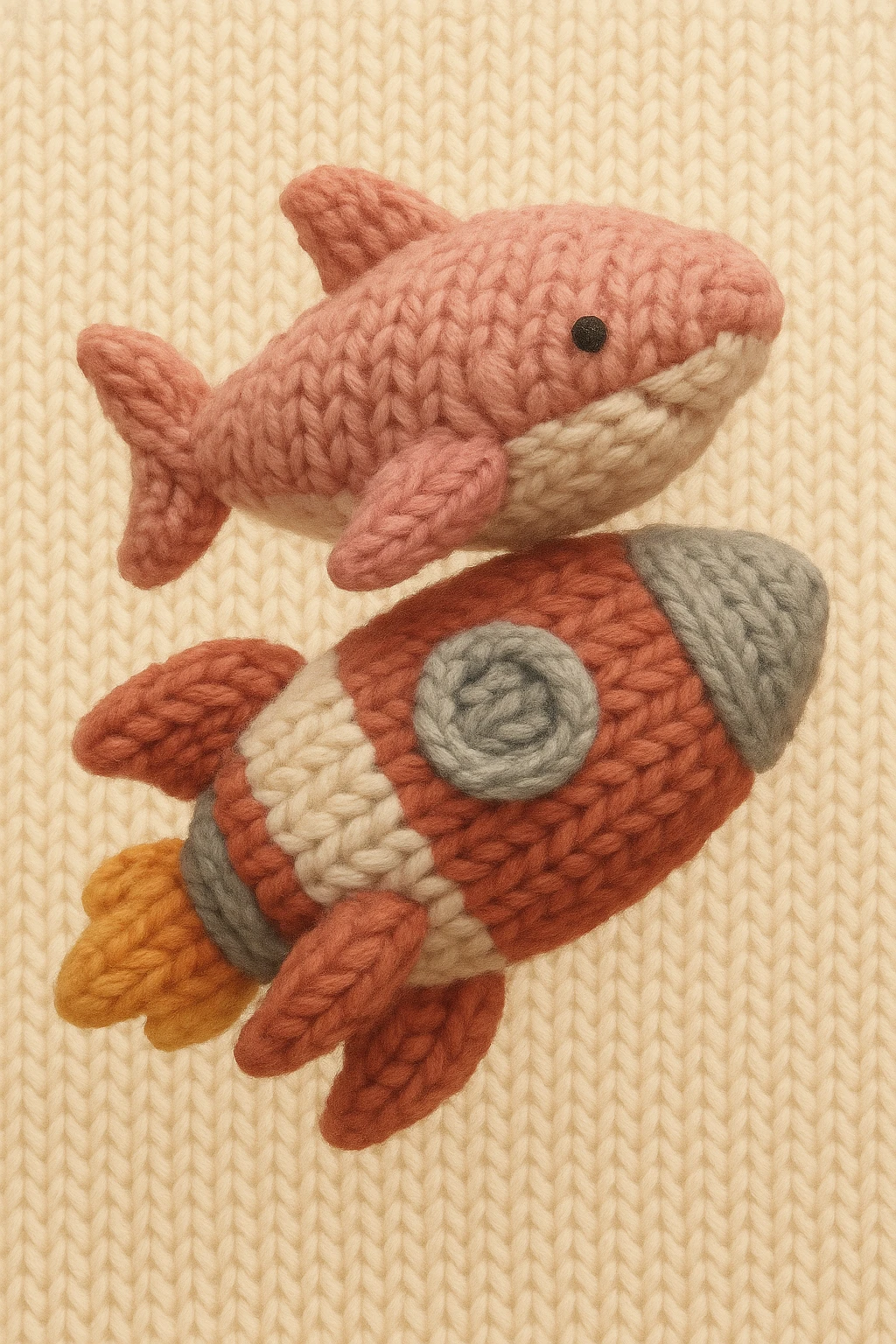 a pink shark flying on top of a rocket, whimsical, knitted patch style emoji