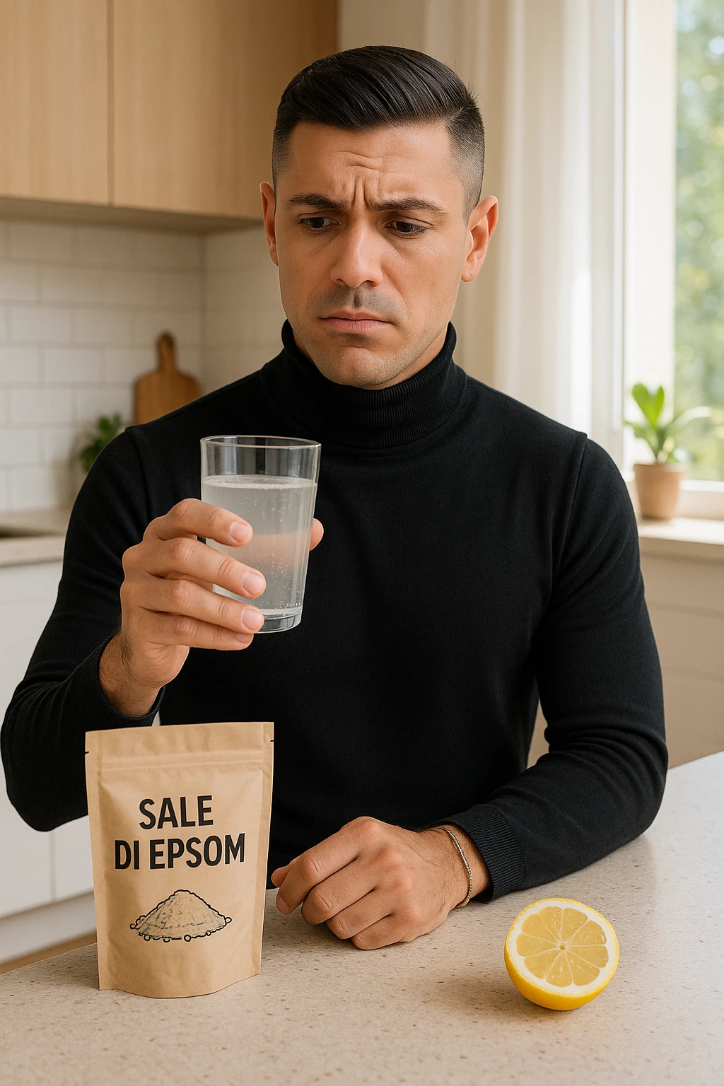 A realistic, bright photo-style image of a young man in his 30s standing in his kitchen, holding a clear glass filled with water in which Epsom salt (magnesium sulfate) has been dissolved. He looks focused but slightly uncertain as he prepares to drink it for a liver flush or digestive cleanse. The glass shows slight cloudiness from the dissolved salt. On the counter are a packet labeled 'Sale di Epsom' and a sliced lemon, suggesting he might use it to mask the taste. The setting is clean, natural, and bright with neutral tones. The background shows sunlight streaming through a window, emphasizing a clean, minimalist health-focused environment. The mood conveys a realistic, calm moment of self-care with a hint of discomfort, illustrating a natural detox practice in italiano emoji