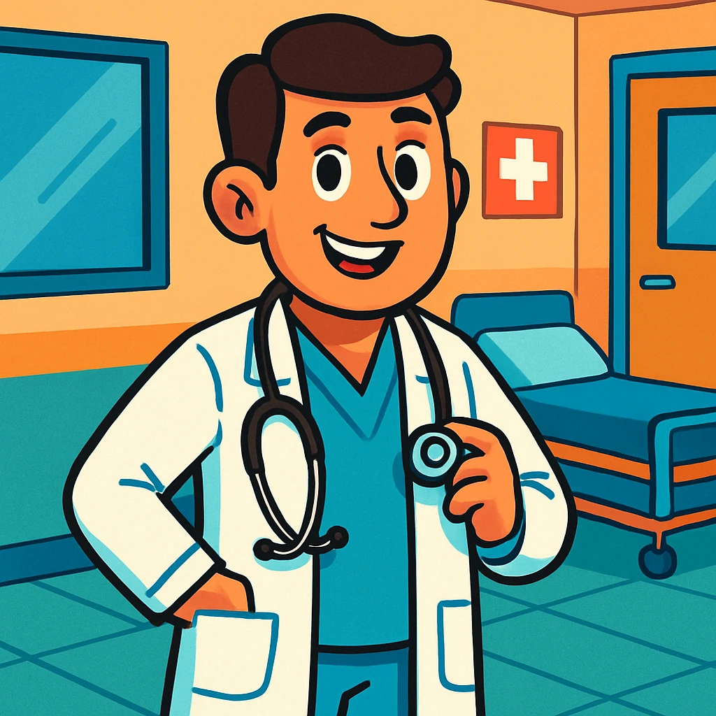 doctor in modern medical uniform with stethoscope, cheerful expression, hospital setting, vibrant colors, cartoon style emoji