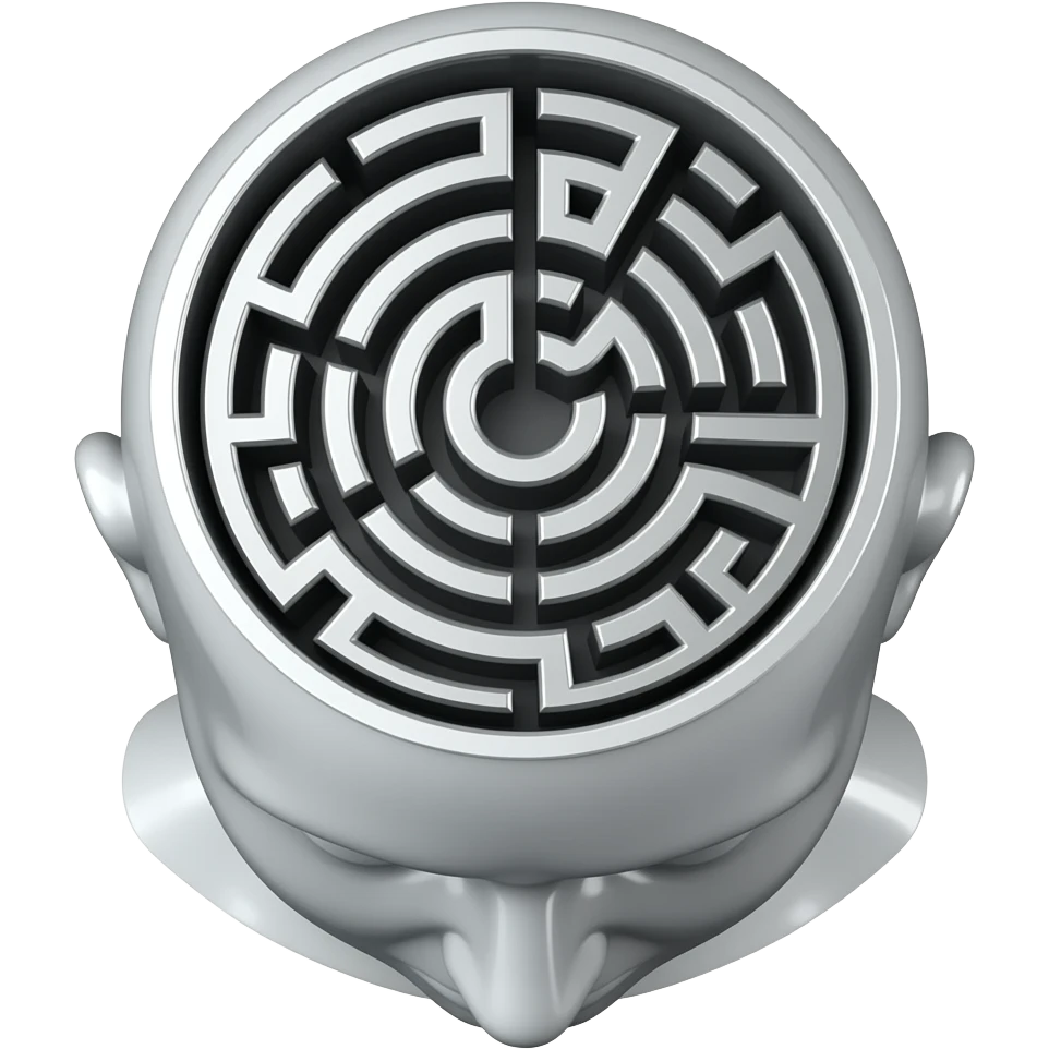 synthwave - a view from above into an open futuristic cybernetic head that contains the space of an ancient labyrinth emoji