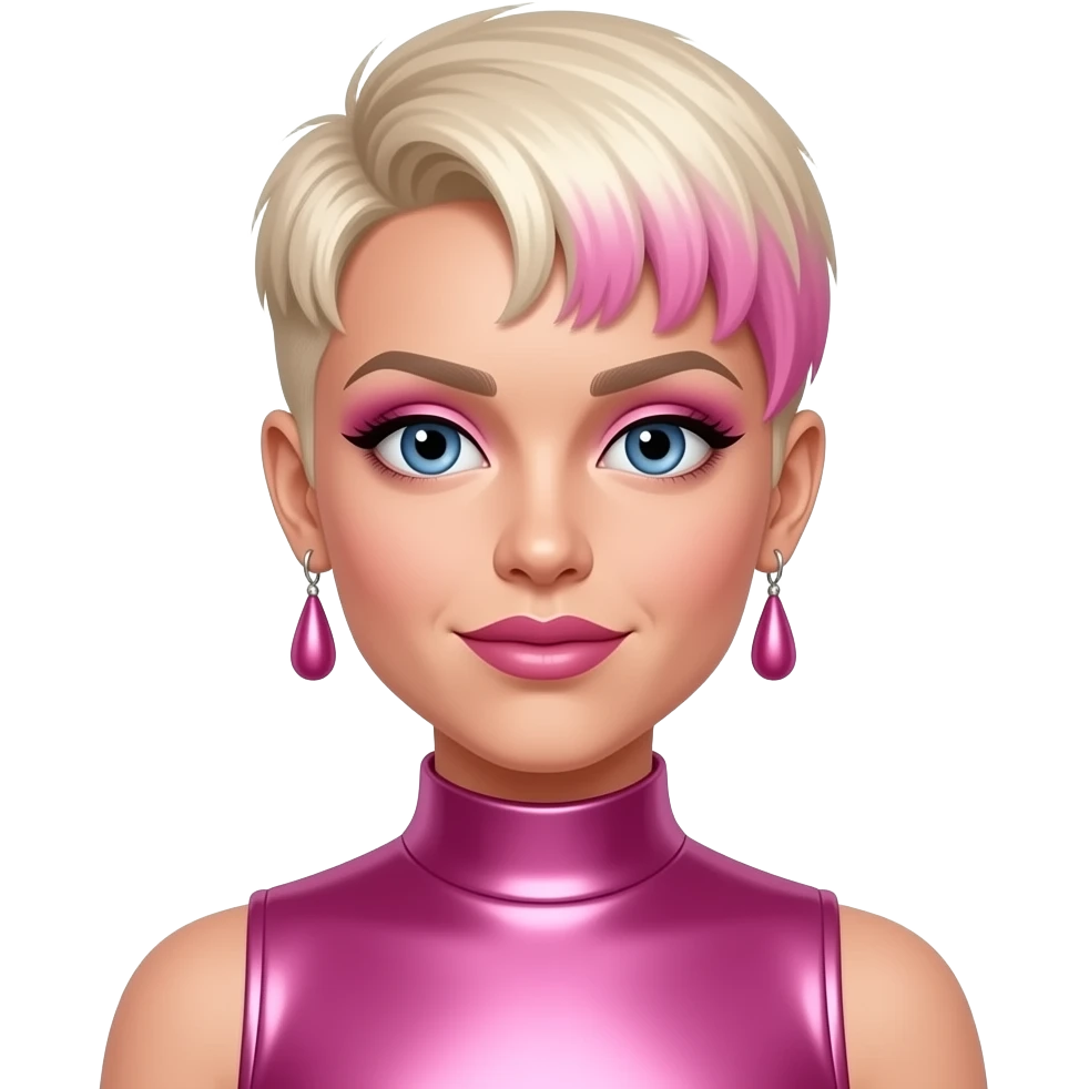 P!nk with blue eyes, blonde faux hawk hair with pink highlights, pink eyeshadow and lipstick, pink metallic high neck dress, pink earrings emoji