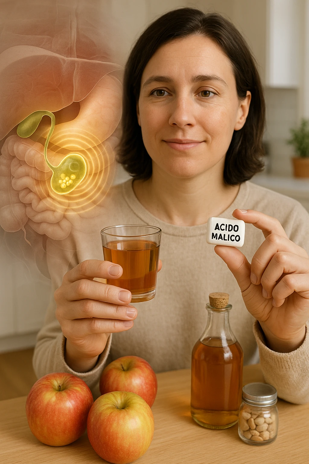 A detailed, realistic illustration or photo-style image showing a person holding a small glass of apple cider vinegar in one hand and a capsule labeled ‘Acido Malico’ in the other. In the foreground or as an overlay, a semi-transparent anatomical view of the abdomen highlights the gallbladder with visible small gallstones inside. Around the gallstones, gentle glowing waves or soft dissolving effects symbolize the softening or breakdown of the stones due to the natural acids. The person looks hopeful and calm, in a bright kitchen setting with fresh apples and natural health products on the counter. The overall mood is informative, natural, and hopeful about non-invasive, natural support for gallstone health emoji