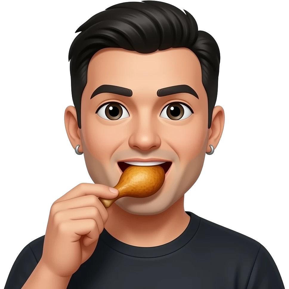 Hombre pelo Negro con aretes comiendo pollo emoji