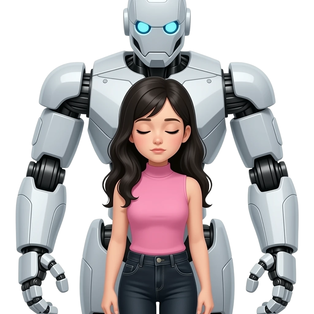 Teenage girl with long black hair wearing a pink sleeveless turtleneck top and long black jeans with her eyes closed and looking down and kidnapped by a giant robot emoji
