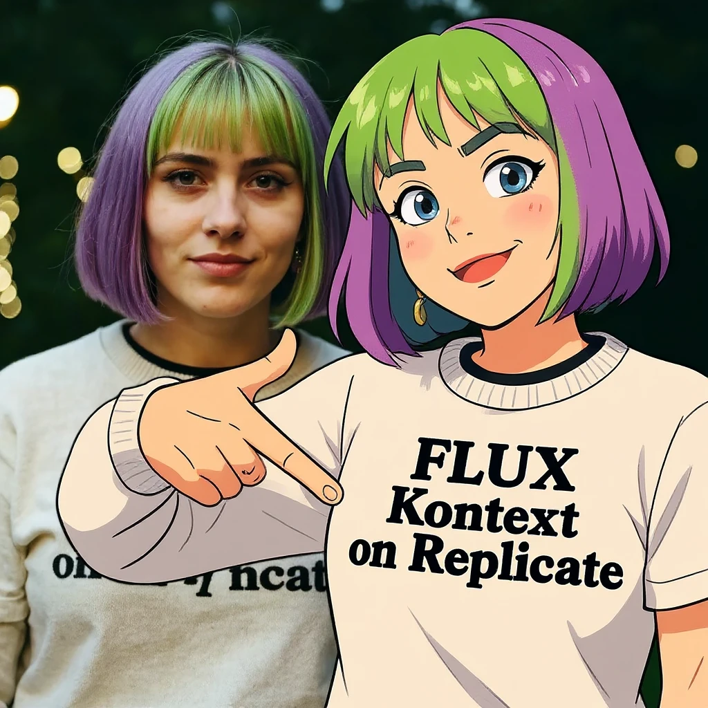 make a image of a girl with a anime version of that girl beside her wearing tshirt with text of just "FLUX Kontext" nothing else emoji