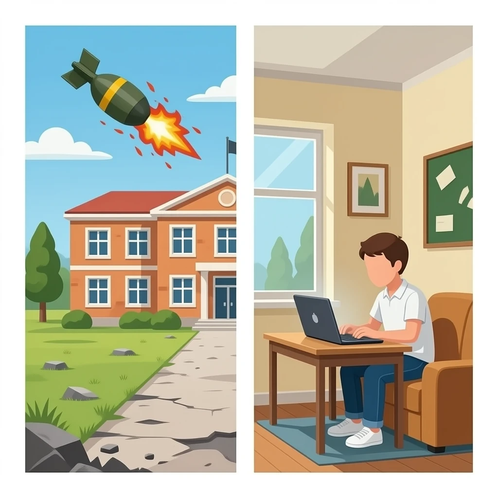 splitscreen of an emty school and students at home working on their laptop because of distance learning. school is getting bombed because of war emoji