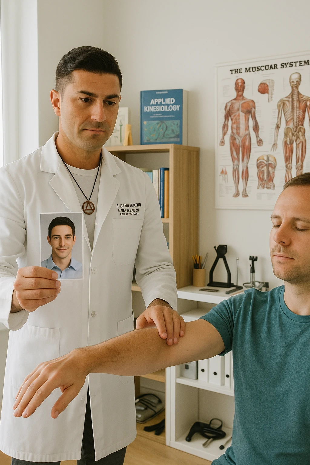 a middle-aged man, dressed in casual professional attire, is in a bright, organized therapy studio. Durante una visita di kinesiologia, il ragazzo tiene con una mano la foto di una persona lontana (il “testimone”) tiene la foto in mano, mentre con l’altra mano esegue un test muscolare su un cliente presente senza foto. Sullo sfondo si vedono libri di kinesiologia, poster anatomici e strumenti tipici della disciplina. L’atmosfera è concentrata e serena, con luce naturale che entra dalla finestra, sottolineando l’aspetto alternativo e umano della pratica. emoji
