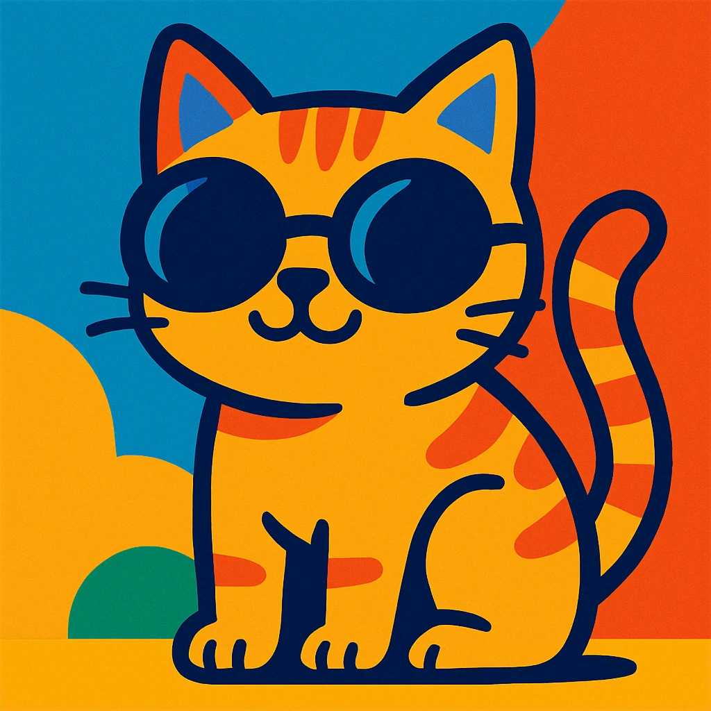 a cute cat with round sunglasses, simple and bold, vibrant toon style emoji
