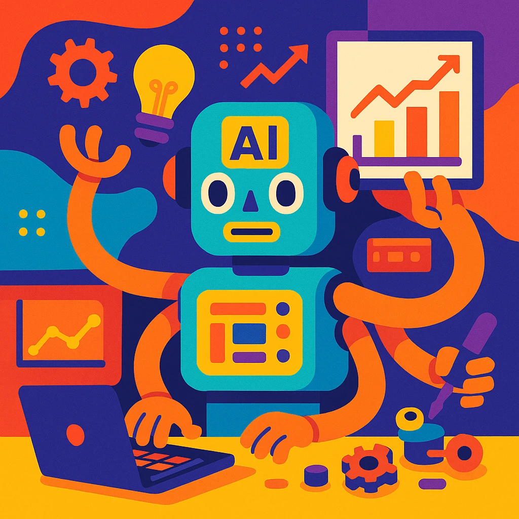 artificial intelligence, multitasking robot with many arms, performing various productive tasks like typing, analyzing data, and assembling gadgets, vibrant digital style emoji