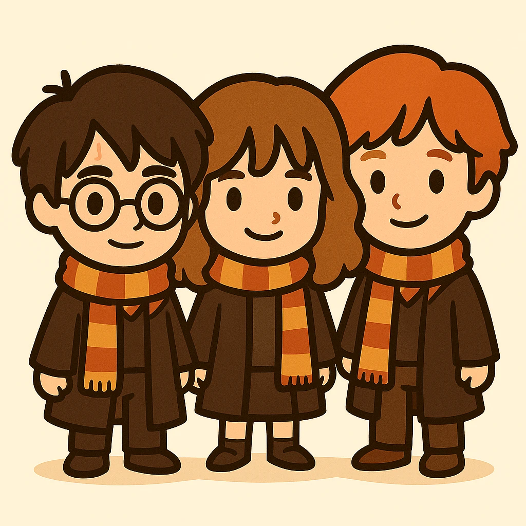 Illustration of Harry Potter, Hermione Granger, and Ron Weasley together in a cute, simplified cartoon style similar to the previous. Harry has round glasses, a lightning scar on his forehead, a striped scarf, dark brown hair, Hogwarts robe, no wand. Hermione has light brown hair, striped scarf, Hogwarts robe, friendly expression. Ron has red hair, striped scarf, Hogwarts robe, friendly expression. All full body, together, with bold black lines and soft colors. emoji