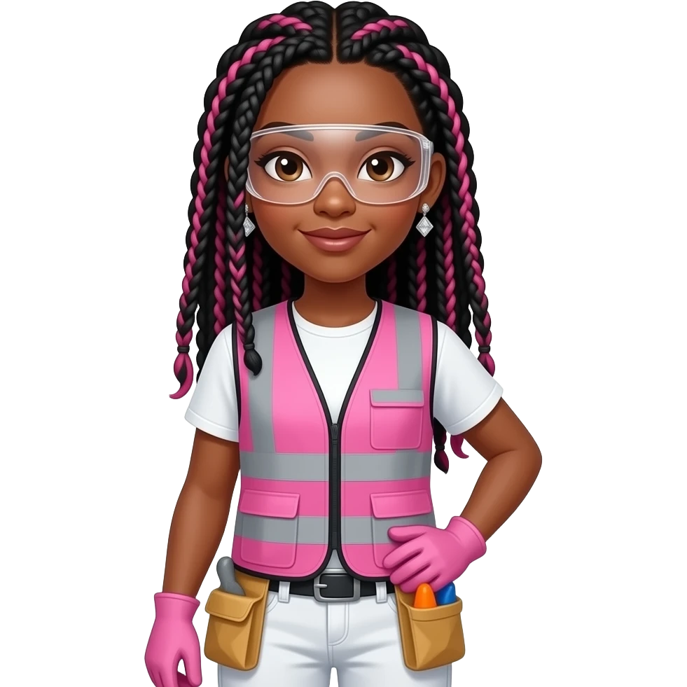African American woman with brown eyes with long pink and black box braids wearing diamond earrings wearing pink and clear safety glasses wearing a pink construction vest wearing white pans wearing pink construction vest wearing white pants wearing pink construction gloves emoji