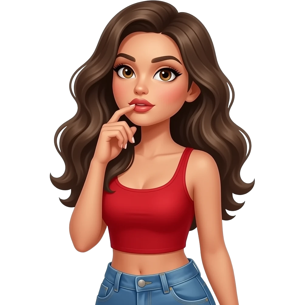 Fingers on lips and thinking looking up woman with tan glowy skin, hazel eyes almond with long lashes,, full lips, dark blonde flowing hair, delicate feminine sexy features, wearing a red crop top and blue low waist jeans, confident and femenine and glam makeup. Intense seductive look. REALISTIC emoji