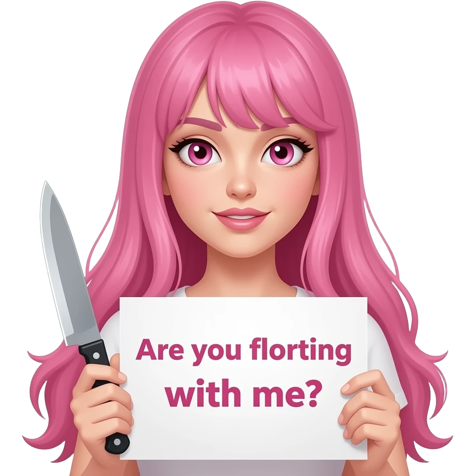 sexy girl with long pink hair and pink eyes wearing a holding a A KNIFE? Are you Flirting with me? sign emoji