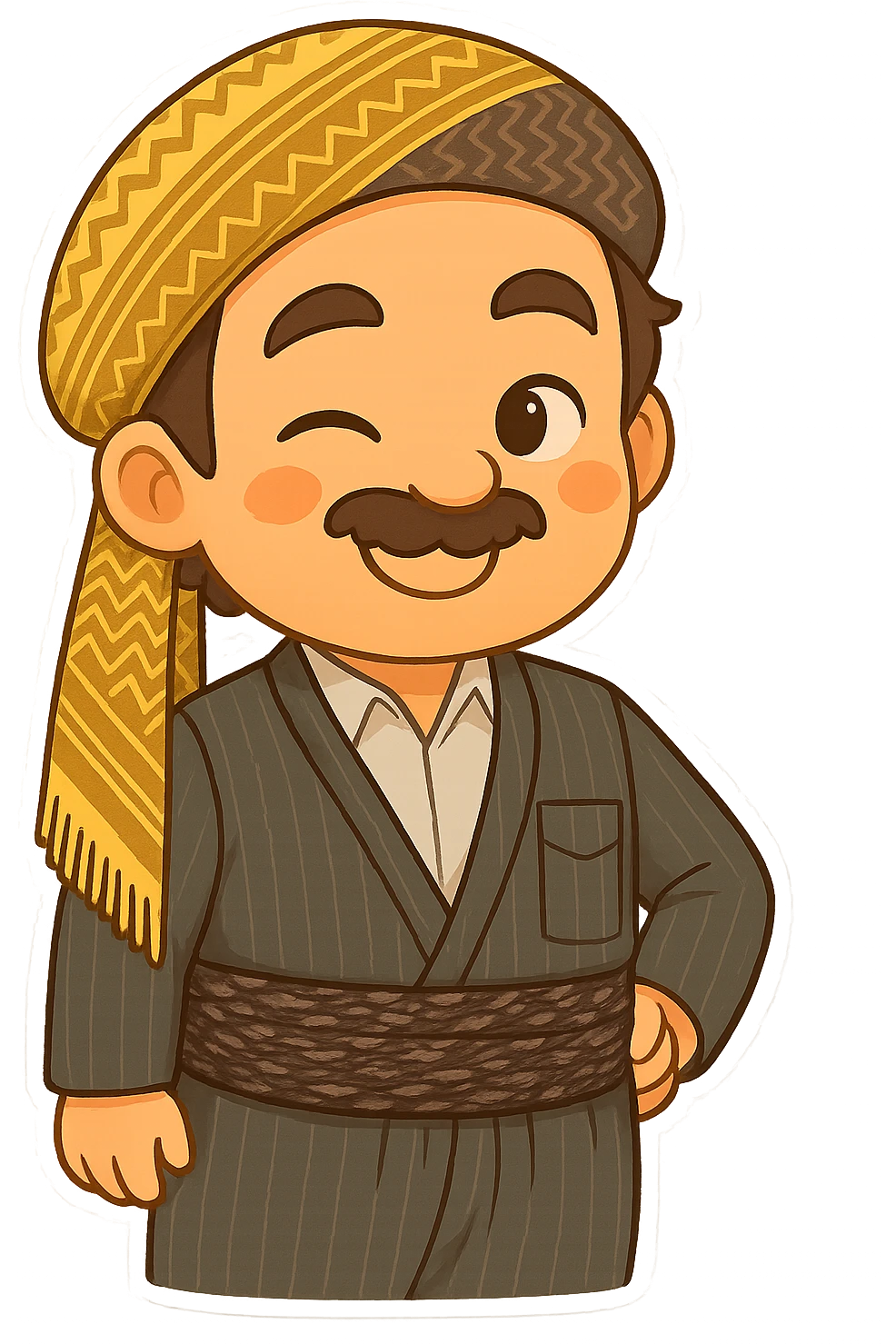 Cartoon sticker of a Kurdish man with the same clothes and scarf as the reference image, no changes to clothes or scarf, face with a winking and smiling expression similar to emoji 😉, colorful and cheerful, no shadows or color halos around the image, no text, suitable for WhatsApp and Instagram, fully transparent background. emoji