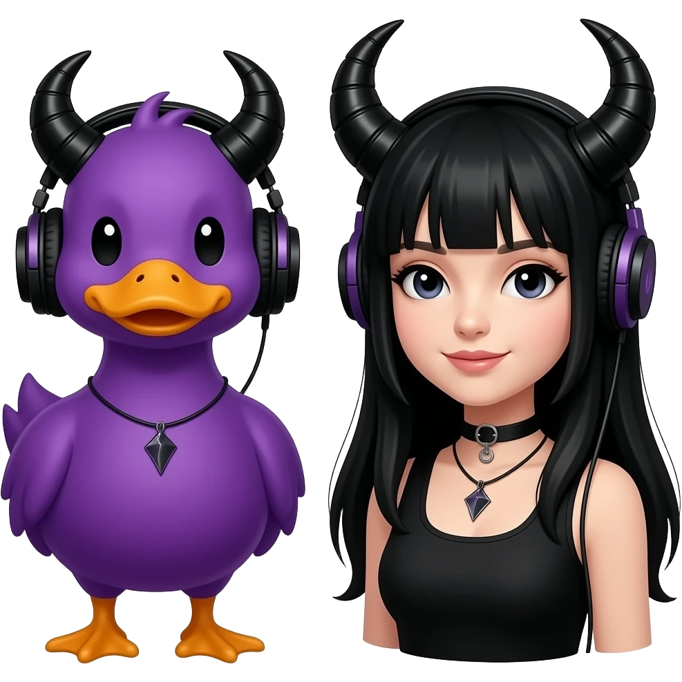 purple duck with DJ horns, black horns on the headset make it goth but a girl long black hair emoji