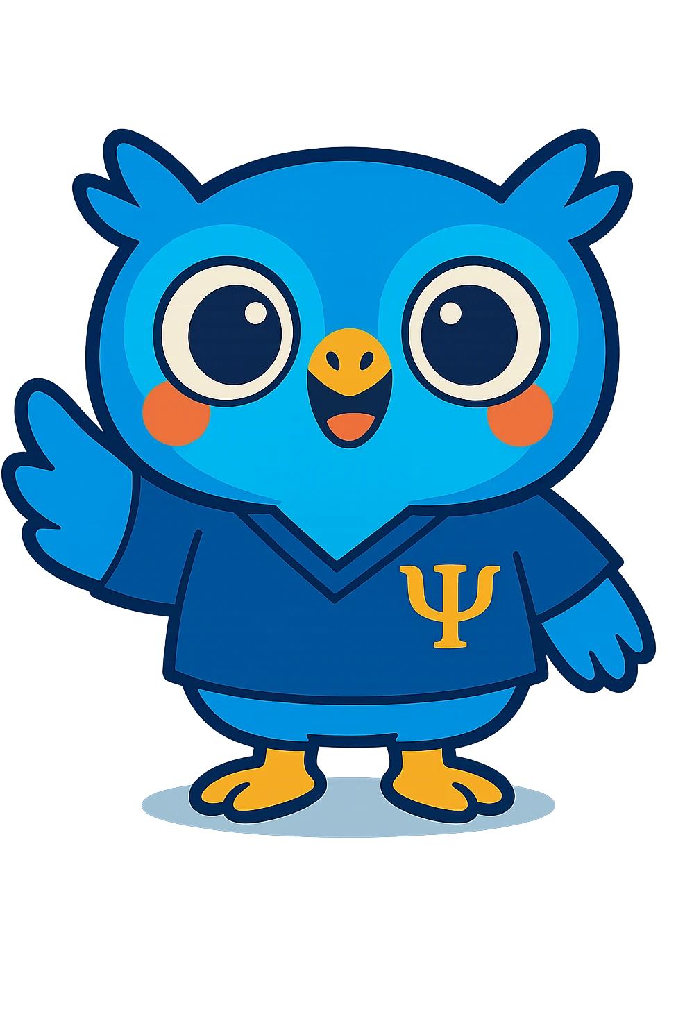 Make the baby owl wearing a bluish psychology scrub look more commercial and attractive to attract clients: add a big smile, bright and expressive eyes, friendly posture, and welcoming gesture, in a vibrant and modern style, transparent background. emoji
