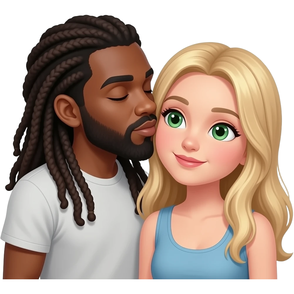 black guy with long dreads and beard only kissing girl with long blond hair and green eyes emoji