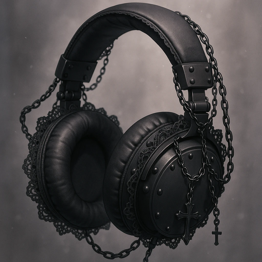 goth headphones, black with lace and chains, realistic anime style emoji
