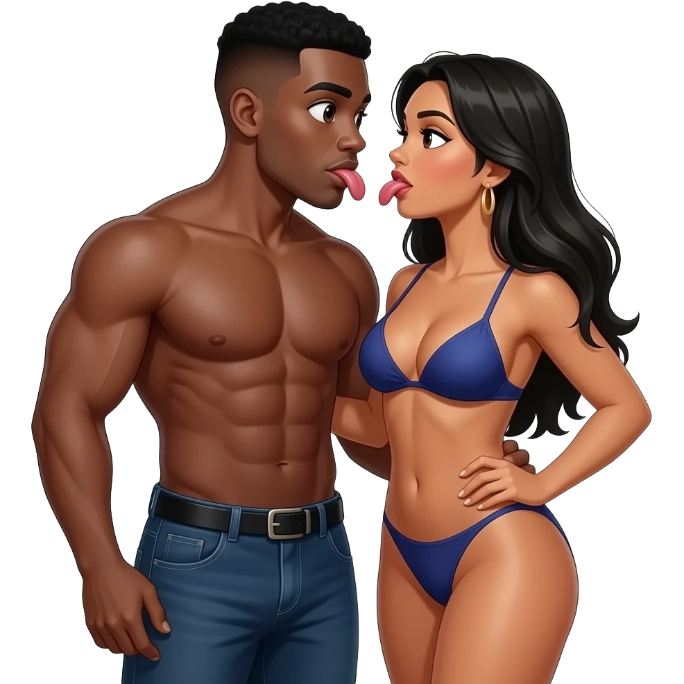 Black muscular man short hair big eyes licking brown Columbian woman long black hair large breast showing tongue between her legs licking her pussys emoji
