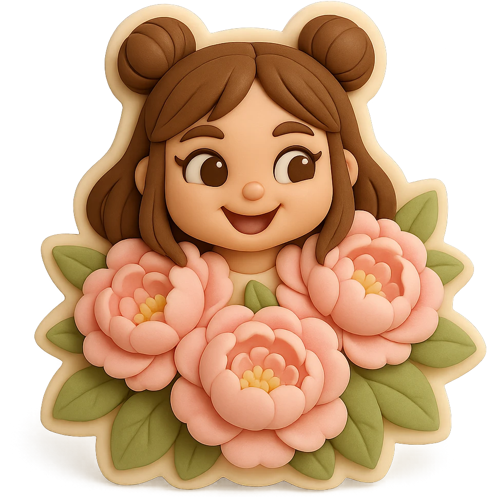 3D chibi fondant cake art style, high-quality rendering with smooth shadows and soft gradients. Girl based on reference image with preserved facial features and exact eye shape, long brown hair in two space buns, brown eyes, thick white outline like a sticker, transparent background. Only her happy head peeks out from a huge, dense bush of soft pink peonies, flowers very large and lush, almost covering her completely. Ensure the face and eye shape match the reference exactly. emoji