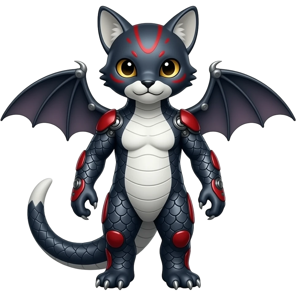 midnight blue-gray-black, with red markings, white belly, scaley Bastet-Noibat-Gatomon-Digimon-Fakémon-Pokémon-creature (full body) emoji