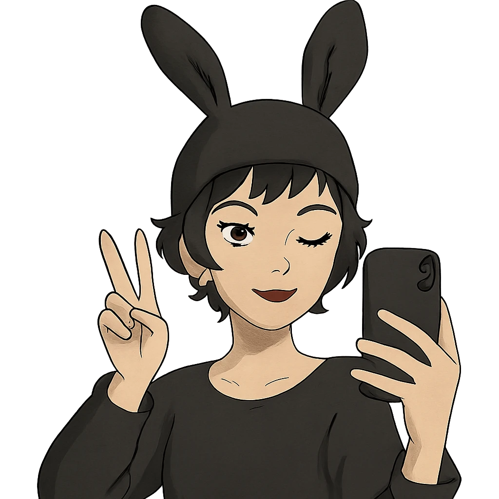 1 female, gothic pixie with a bunny ears beanie cute selfie  emoji