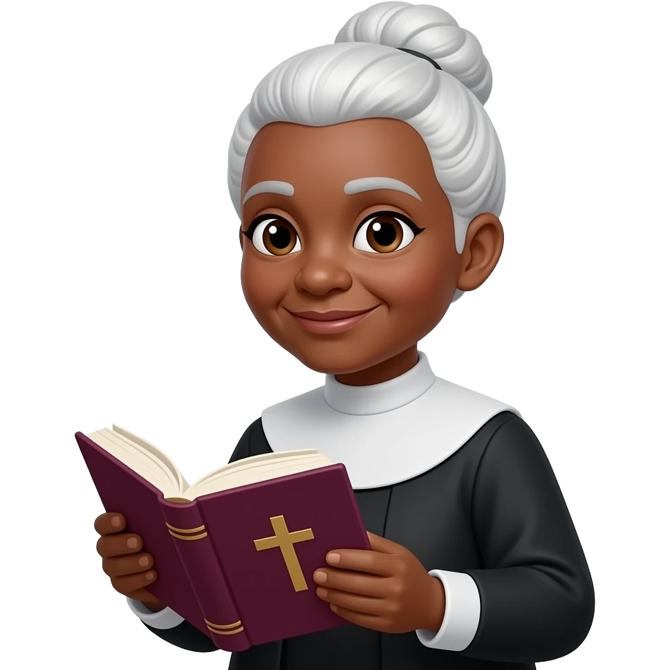 wise old woman with white hair in a bun black skin with burgundy book that has a cross on it emoji