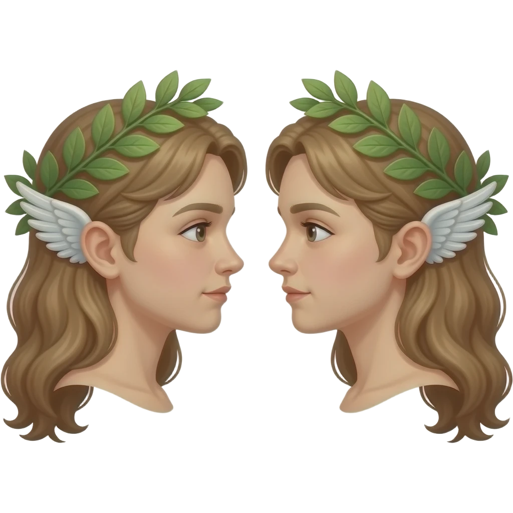 twins, two faces in profile in a parallel composition, they have small wings instead of ears and a laurel wreath around their heads emoji