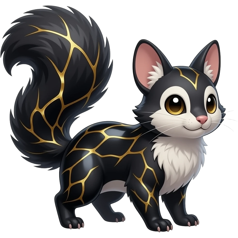 Hyper realistic obsidian fur etched with molten gold fault-lines and dark mirror shine beautiful elegant pretty precious cute Fakémon-Pokémon-opossum-feline-serval-caracal-chinchilla-Furret-Minccino-hybrid-creature with a big fluffy bushy tail (full body) emoji