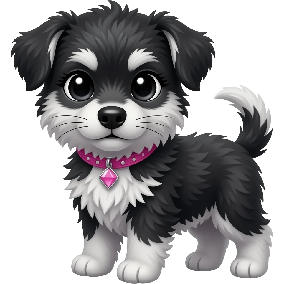 black and grey fluffy girl puppy, long eye lashes, pink diamond collar emoji