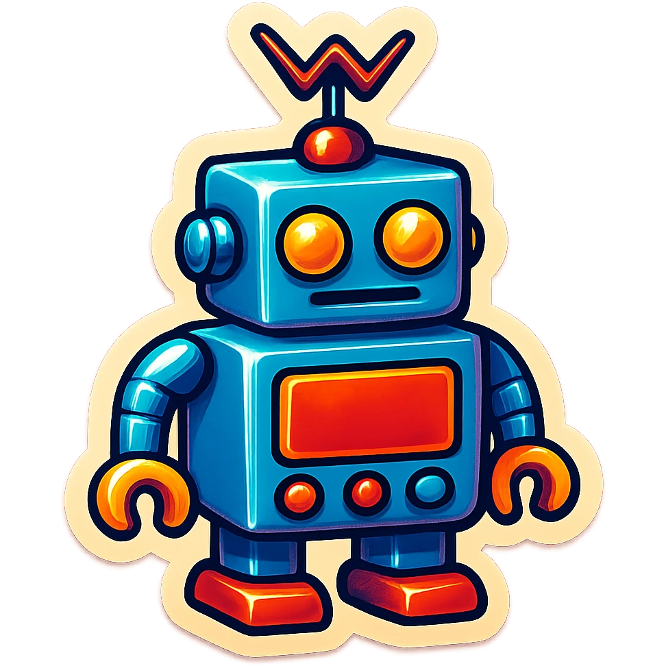 boxy robot with zig zag antenna, retro toy look emoji