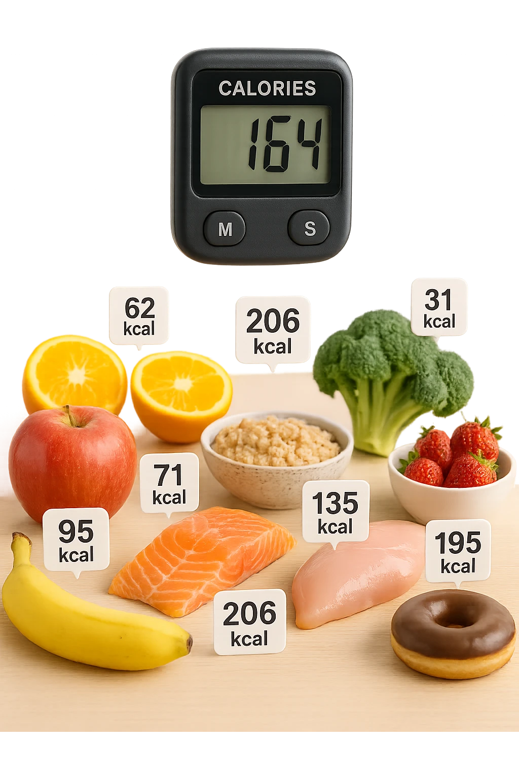 a digital calorie counter hovers above a variety of foods arranged on a table—fruits, vegetables, grains, meats, and desserts. Each food has a floating label showing its calorie content. The background is clean and modern, emphasizing the educational aspect of calorie awareness. scritto in italiano emoji