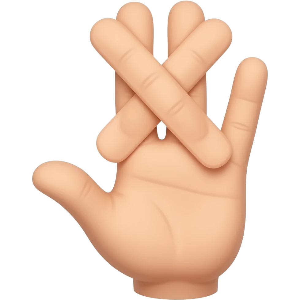 four fingers extended upward. The thumb is folded inward across the palm. The middle finger and ring finger are crossed over each other, forming an X shape, while the index finger and pinky remain straight and separated. The palm is facing outward toward the viewer. emoji