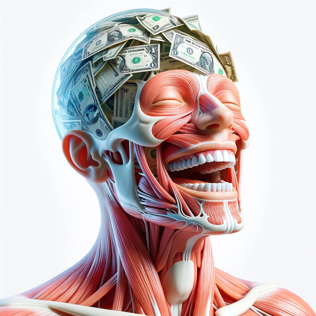 corpo umano anatomico sereno e felice con una montagna di banconote davanti al viso, espressione stupita, iperrealistica 4k, isolato su sfondo bianco emoji