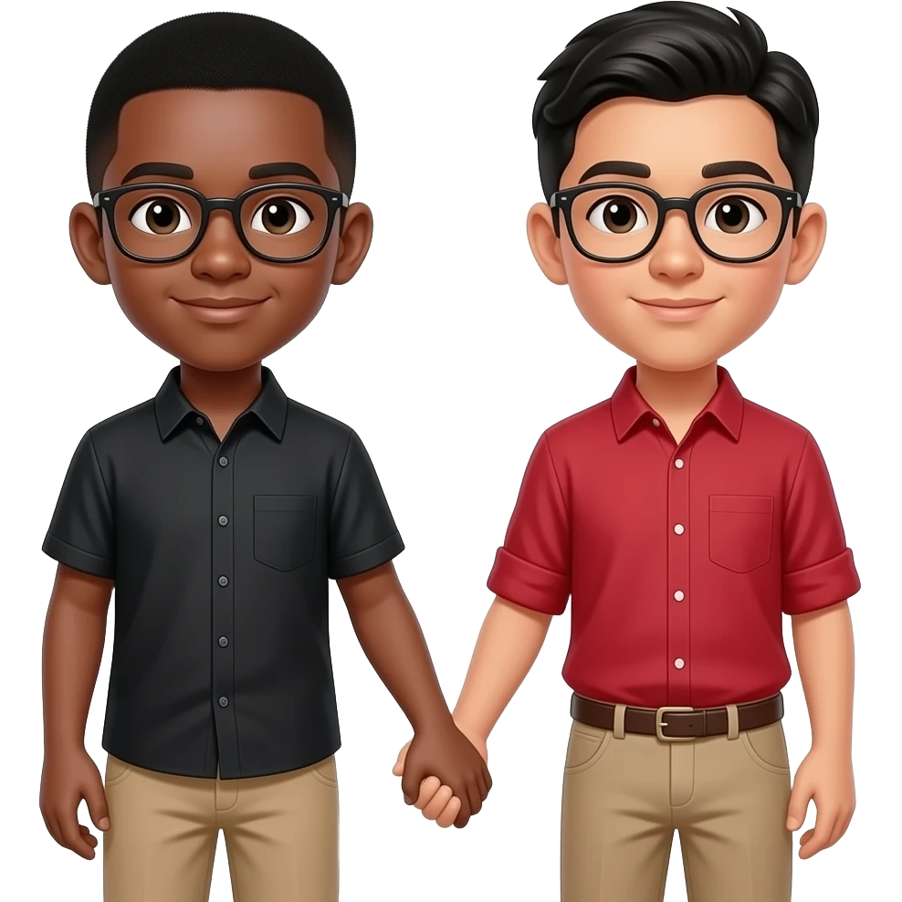 Black Boy with black buzz cut hair, glasses, black shirt, beige pants, Hispanic Boy with black buzz cut hair, glasses, red shirt, beige pants holding hands emoji
